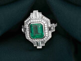 natural Emerald and Diamond Halo Cluster Art Deco Ring in platinum