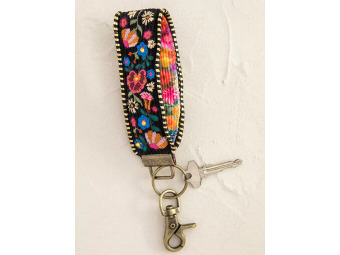Natural Life Embroidered Key Chain Fob Indigo Pink folk flowers