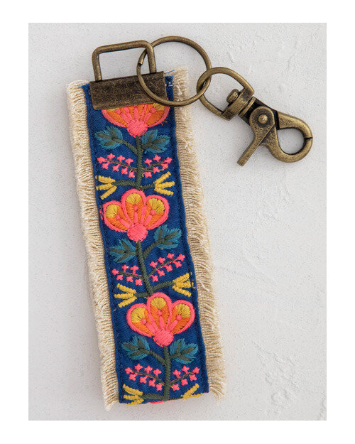 Natural Life Embroidered Key Chain Fob Indigo Pink