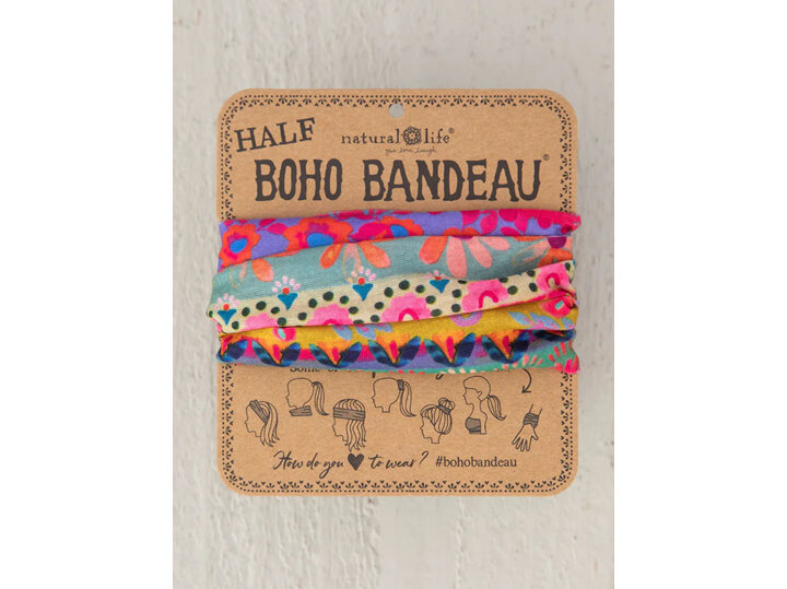 Natural Life Half Boho Bandeau Pink Mustard Floral Border hair headband scarf