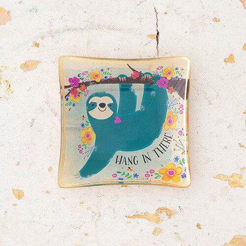 Natural Life Mini Glass Trinket Tray Sloth Hang in There