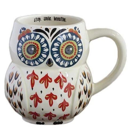Natural Life MUG184 Folk Owl Mug, Stop Smile Breathe