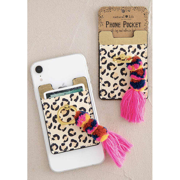 Natural Life Phone Pocket With Ring & Tassel Leopard