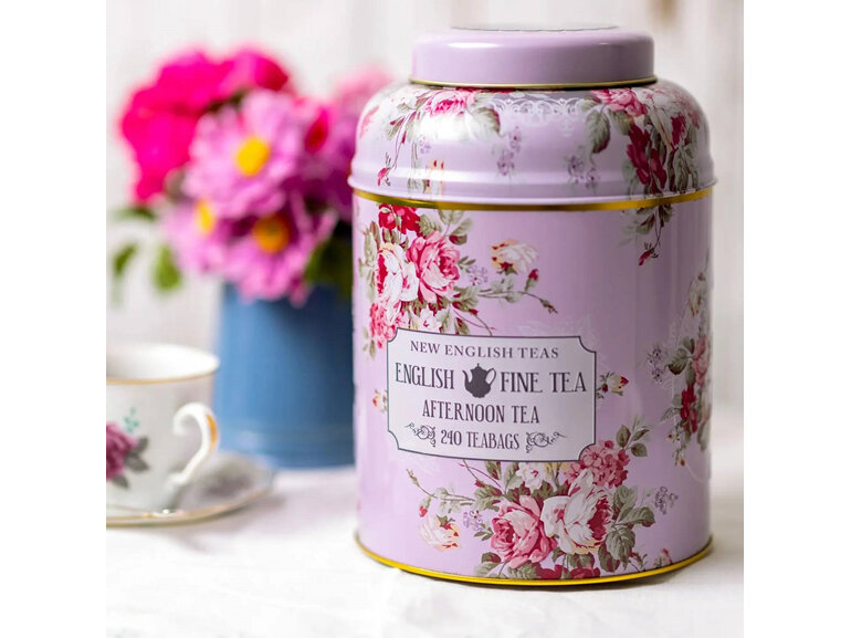 New English Teas Vintage Floral Deluxe Lilac 240 English Breakfast Teabag Caddy