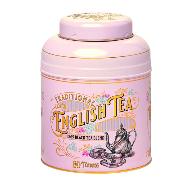 'New English Teas Vintage Victorian Round Caddy 80 1869 Black Tea Blend Bags Pink