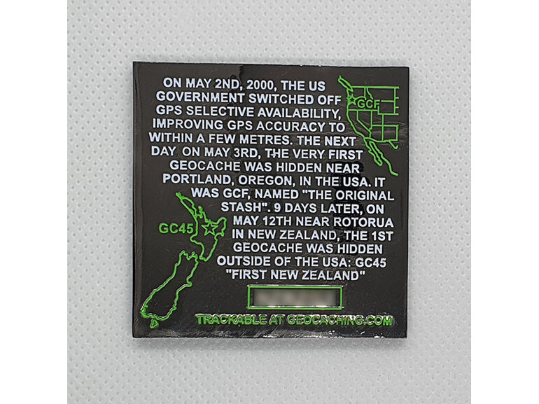 new zealand first geocache tribute plaque history geocoin, geocaching trackable