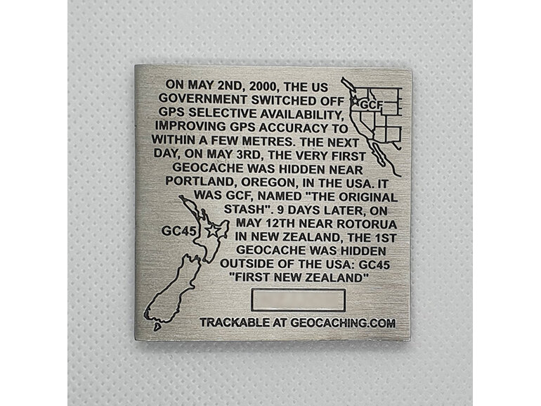 new zealand first geocache tribute plaque history geocoin, geocaching trackable