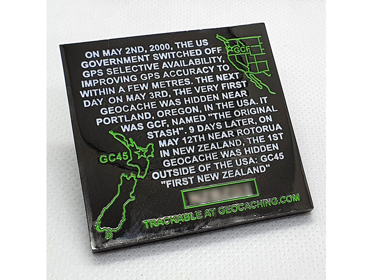 new zealand first geocache tribute plaque history geocoin, geocaching trackable