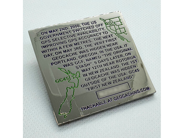 new zealand first geocache tribute plaque history geocoin, geocaching trackable