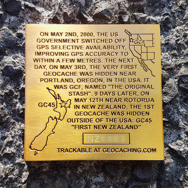 new zealand first geocache tribute plaque history geocoin, geocaching trackable