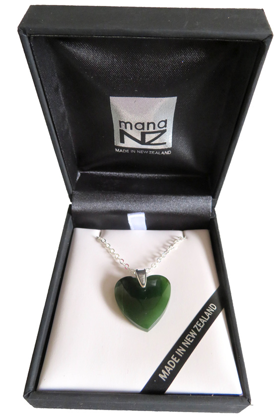 New Zealand greenstone heart pendant on chain, in jewellery box.