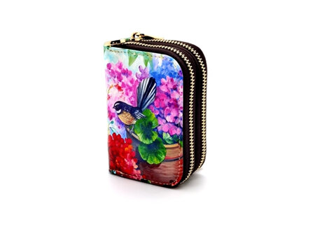 NZ Artist Card Holder Double Zip Bright Fantail