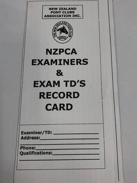 NZPCA Examiners & Exam TD's Record Card