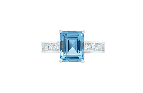 Octagonal Aquamarine Diamond Princess Cut Diamond Channel Set Platinum