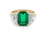 Octagonal cut Emerald and Diamond Three Stone Ring Yellow Gold Platinum