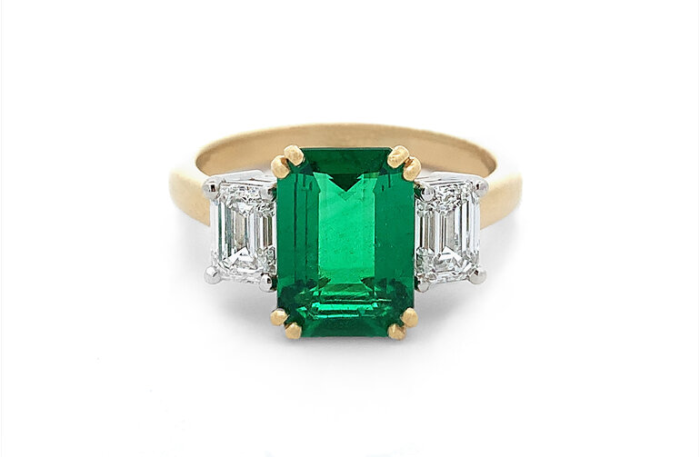 Octagonal cut Emerald and Diamond Three Stone Ring Yellow Gold Platinum