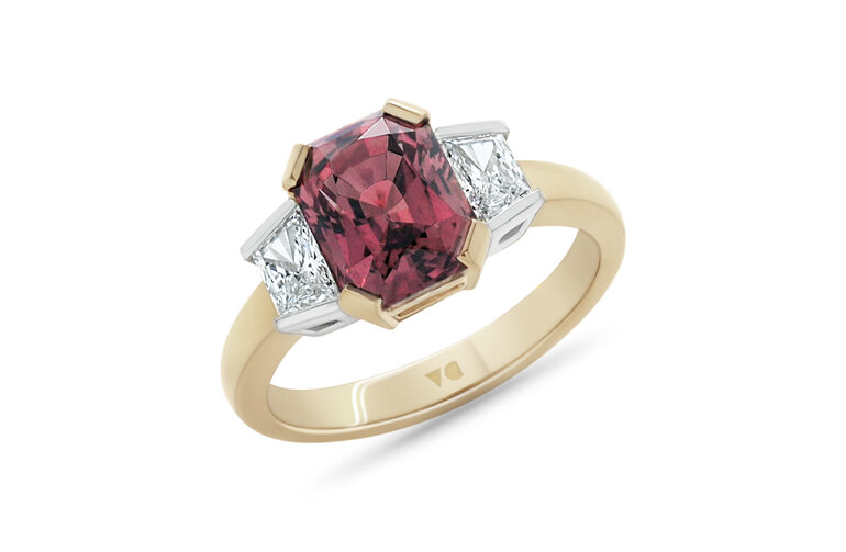 Octagonal Cut Peach Sapphire and Trapezoid Diamond Three Stone Ring Yellow Gold