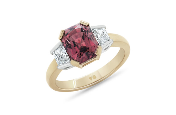 Octagonal Cut Peach Sapphire and Trapezoid Diamond Three Stone Ring Yellow Gold