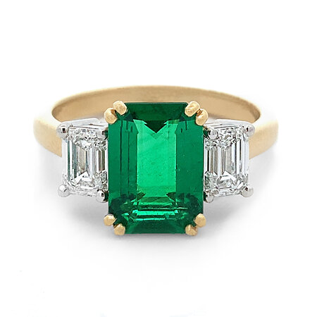 Octagonal Emerald and Diamond Three Stone Ring