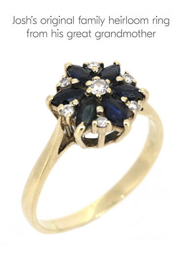 Original family heirloom diamond and sapphire yellow gold engagement ring