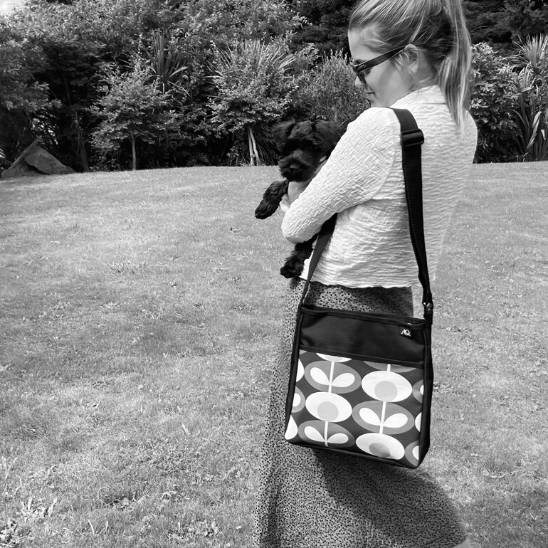 Orla Kiely fabric handbag in neutral greys perfect for everyday. NZ made