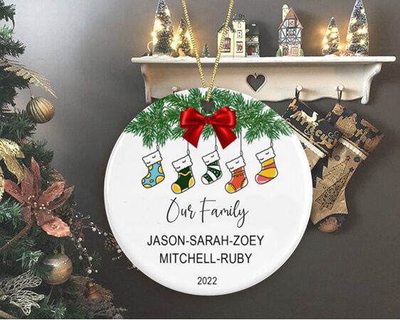 Our Family Stockings personalised ceramic christmas ornament