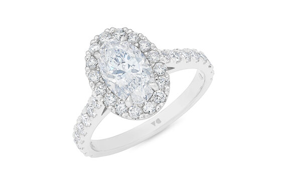 Oval diamond halo engagement ring with diamond band 18ct white gold platinum