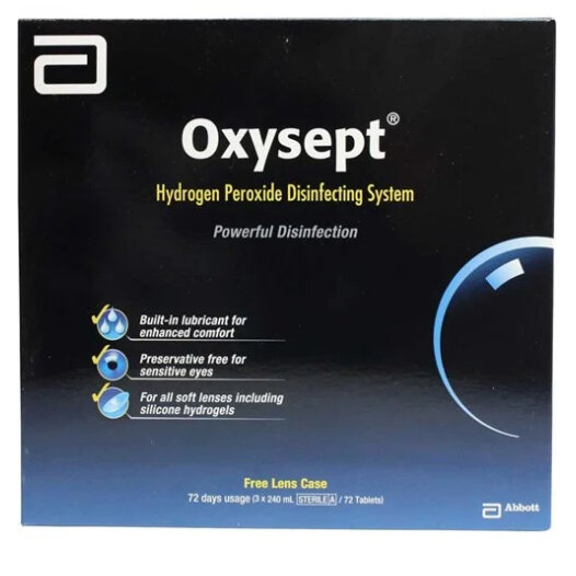 OXYSEPT Hydrogen Peroxide Disinfecting System 72 Tabs & 3 x 240ml & Lens Case