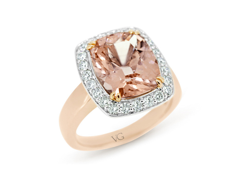 pale pink morganite and diamond ring in 18 carat rose and white gold