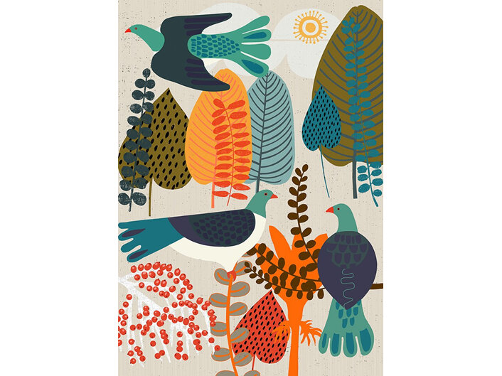 Palm Prints - Summer Forest Card by Jane Galloway kereru NZ artist