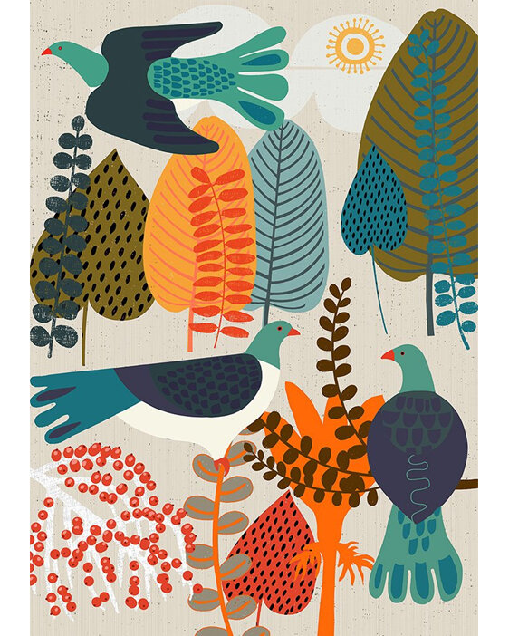 Palm Prints - Summer Forest Card by Jane Galloway kereru NZ artist