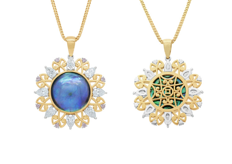 Paua pearl, diamond, argyle pink diamond and yellow gold maori design pendant