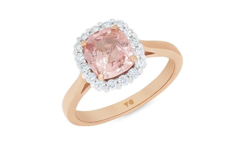 Peach pink spinel gemstone diamond cluster halo ring in 18ct rose white gold