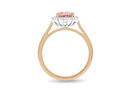 Peach pink spinel gemstone diamond cluster halo ring in 18ct rose white gold