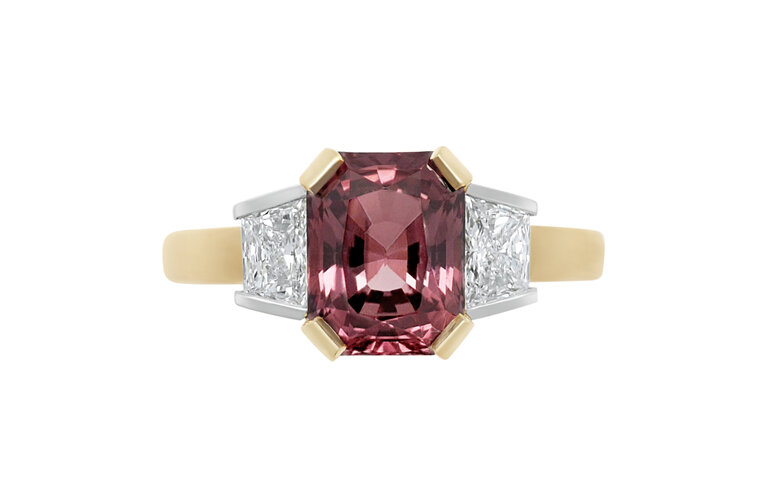 Peach Sapphire Octagonal Cut Diamond Modern Three Stone Ring