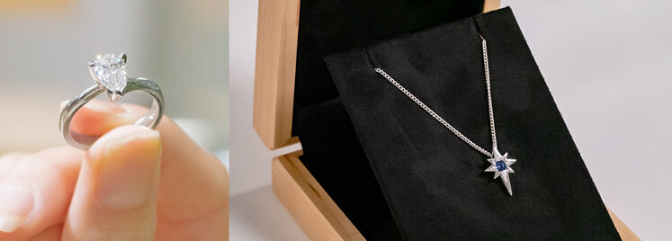 Pear cut diamond ring, blue sapphire starburst pendant in wooden jewellery box