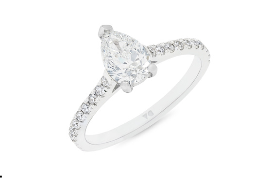 Pear cut diamond solitaire with diamond set band, platinum and 18ct white gold
