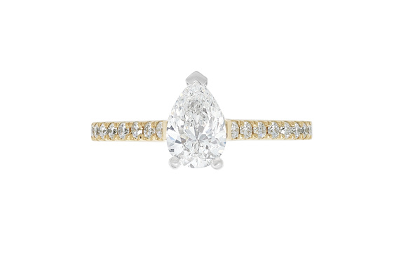 Pear cut diamond solitaire with diamond set band, platinum and 18ct yellow gold