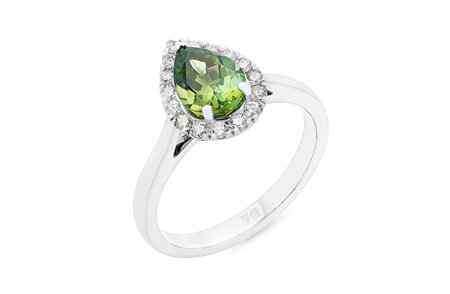 Pear Shaped Green Tourmaline and Diamond Halo Ring