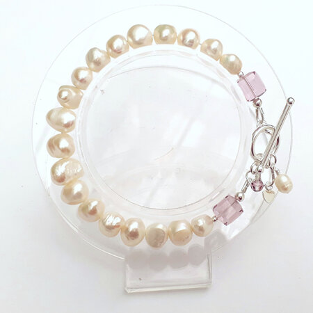 Pearl Bracelet with Purple Crystal Cubes and Charms