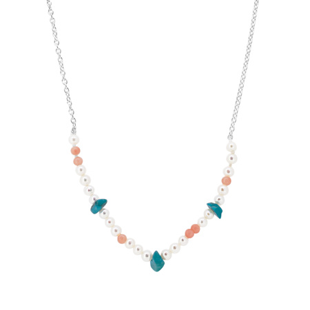 Pearl, Coral and Turquoise Bead Necklace on Sterling Silver Chain