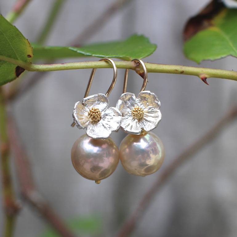 pearl earrings edison peach flower silver gold lily griffin handmade jewelry nz