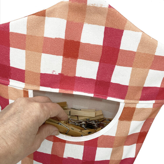 peg pouch coral gingham check hand in pocket