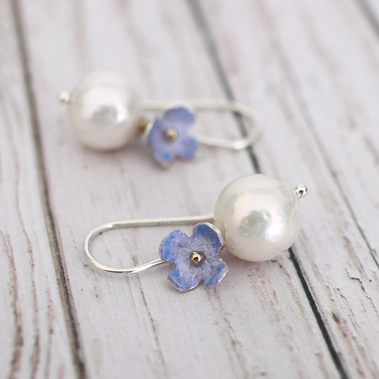 periwinkle lilac blue putiputi flowers pearls earrings lily griffin nz jewellery