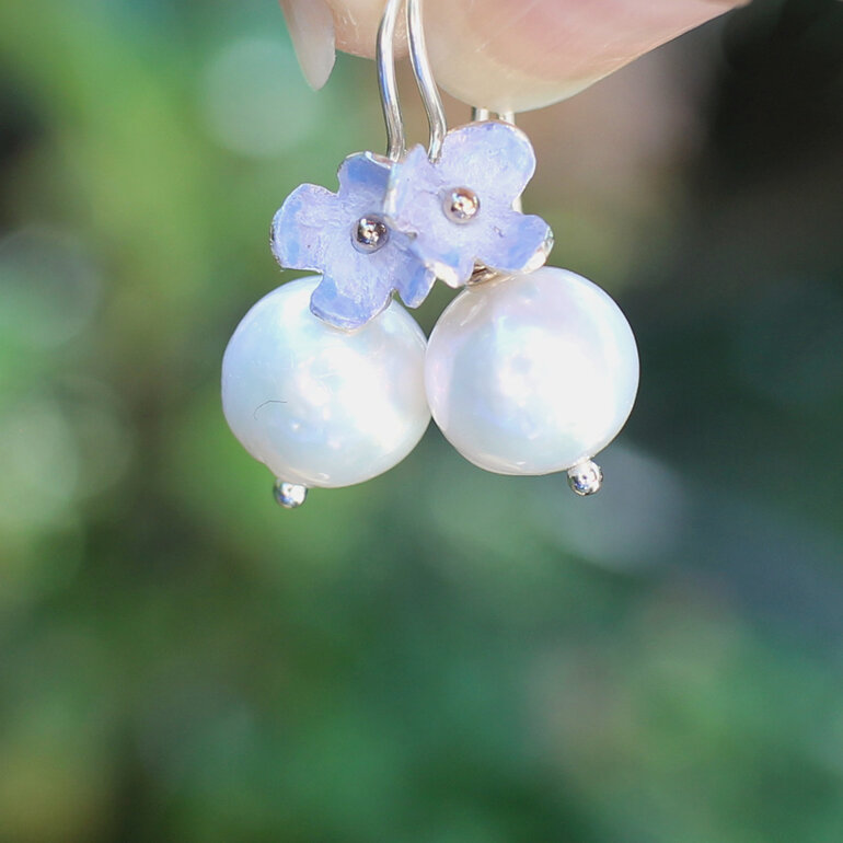 periwinkle pale blue putiputi flowers pearls earrings lilygriffin nz jeweller