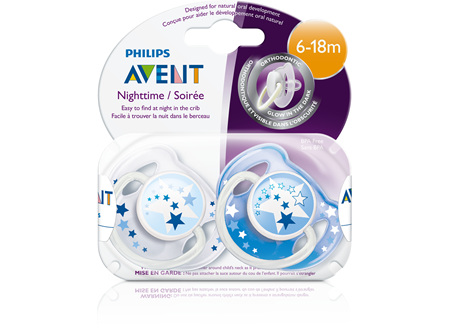 Philips Avent 6m+ Soother Night Time 2pk BLUE