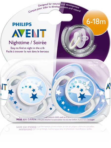 Philips Avent 6m+ Soother Night Time 2pk BLUE