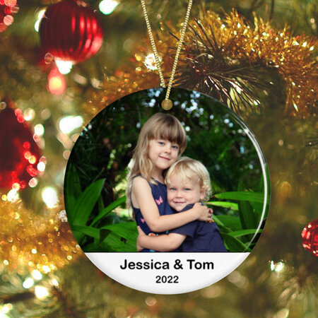 Photo with Label Personalised Ceramic Christmas Ornament