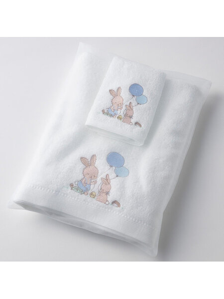 Pilbeam Jiggle & Giggle  Embroidered Boy Bunny Towel & Face Washer Set in Organza Bag