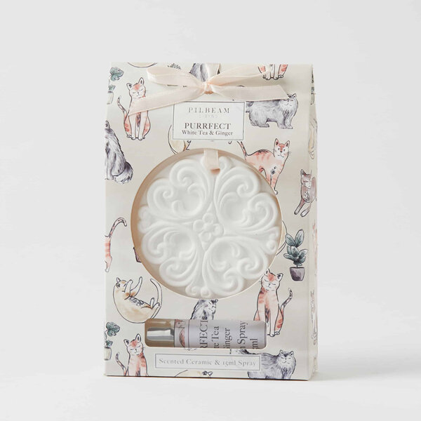 Pilbeam Living Purrfect Scented Ceramic Disc & 15ml Spray White Tea & Ginger